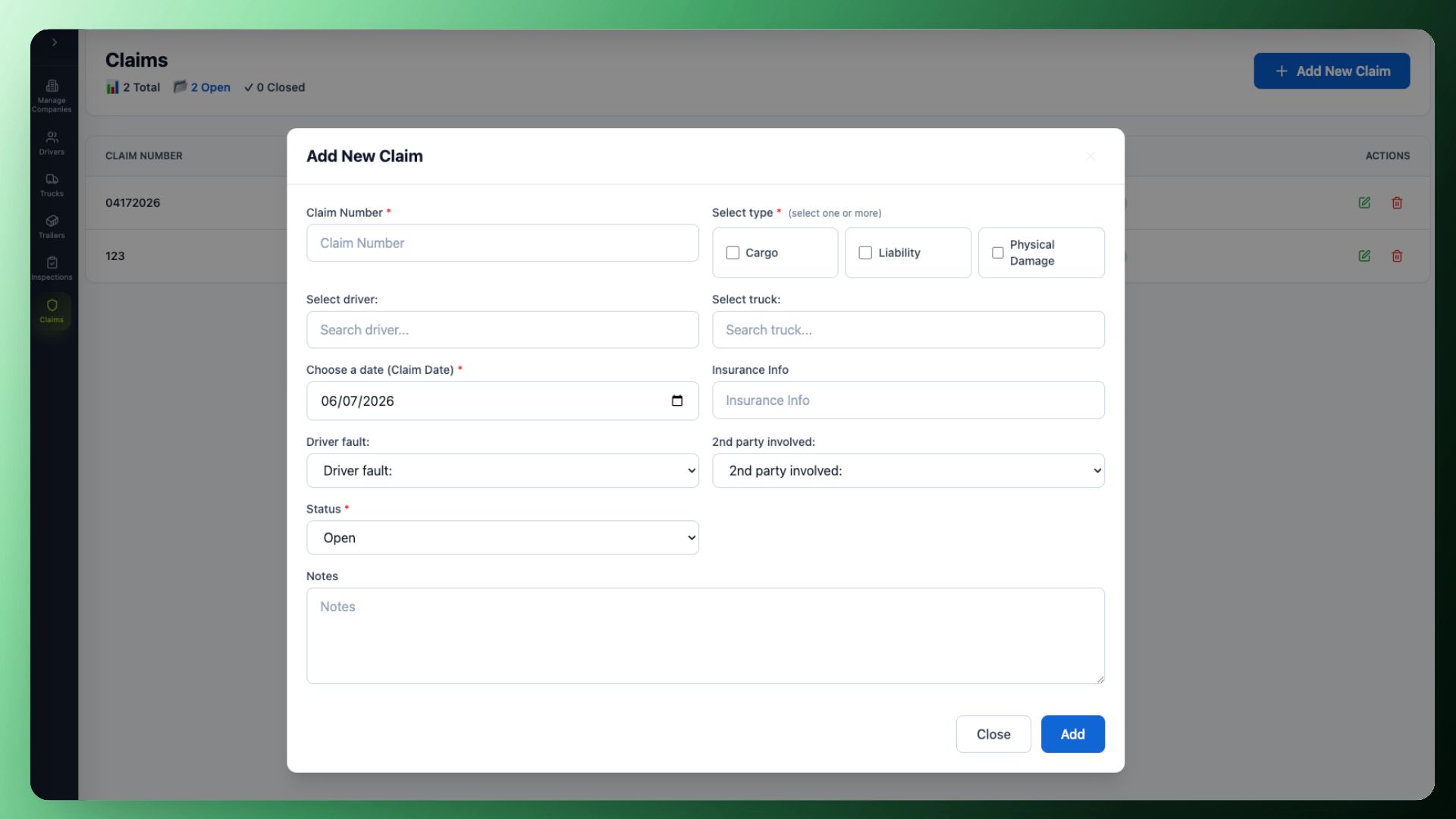 Claims and incident review screen