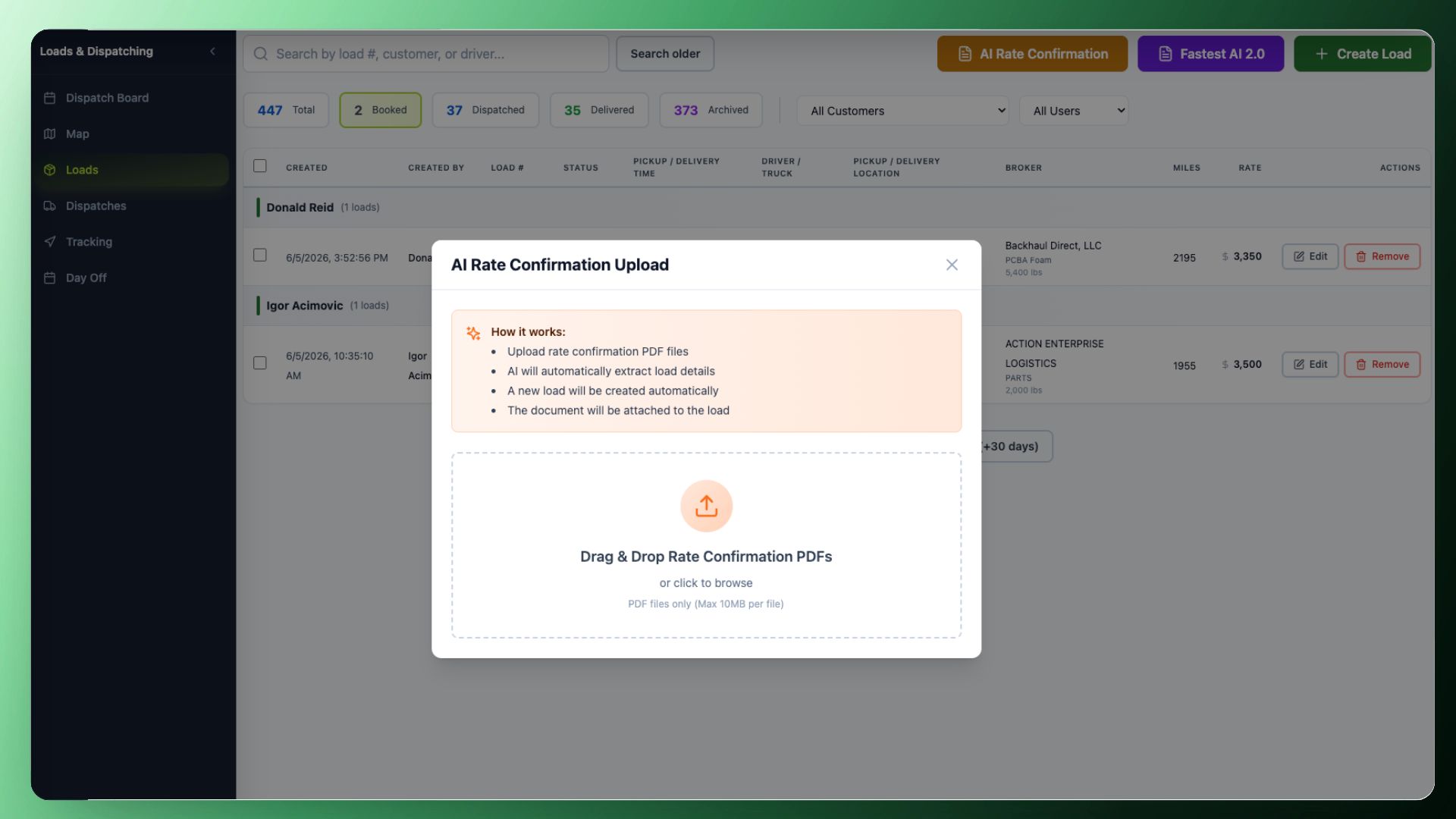 AI rate confirmation upload flow