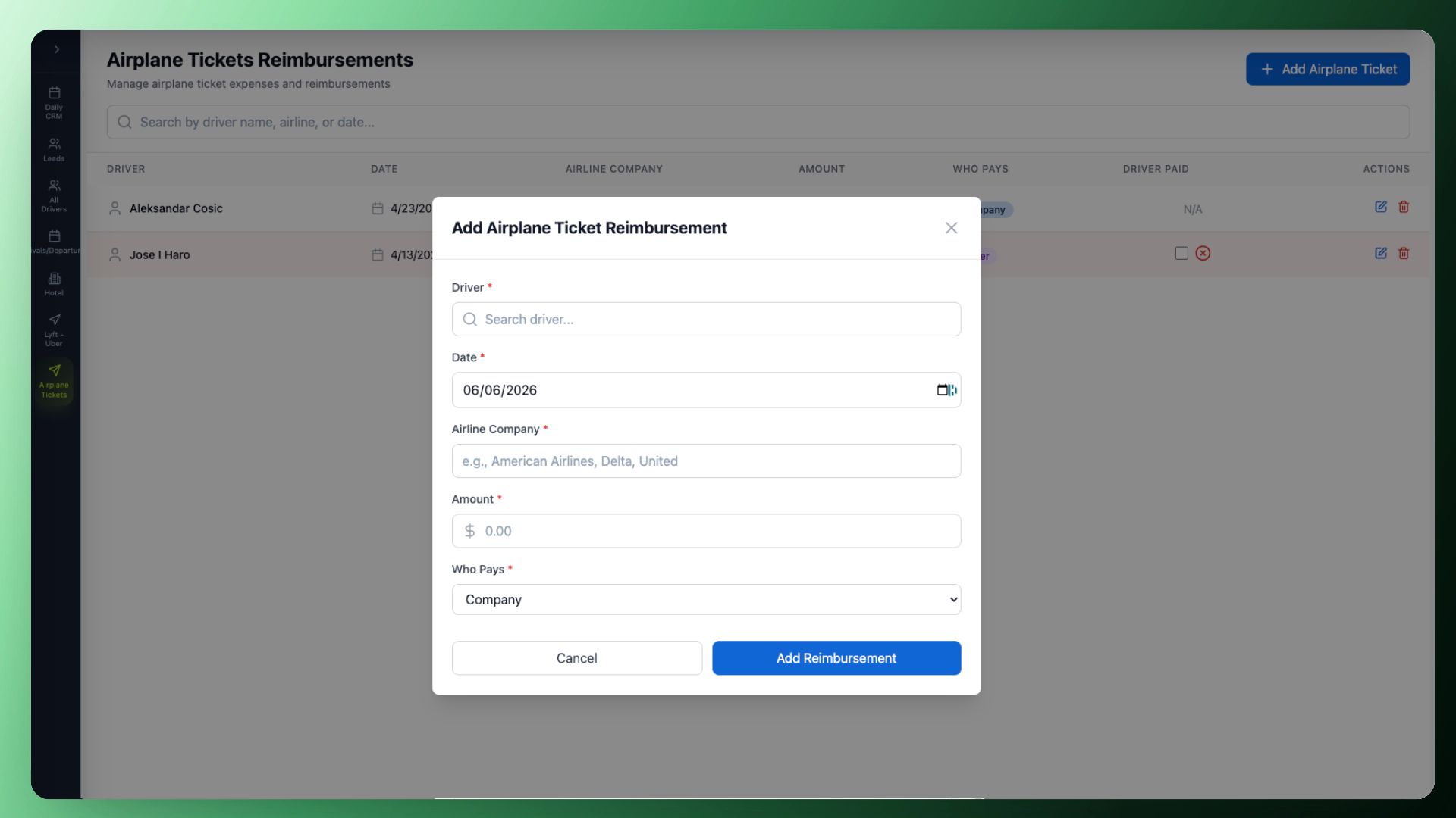 Airplane ticket reimbursements dashboard