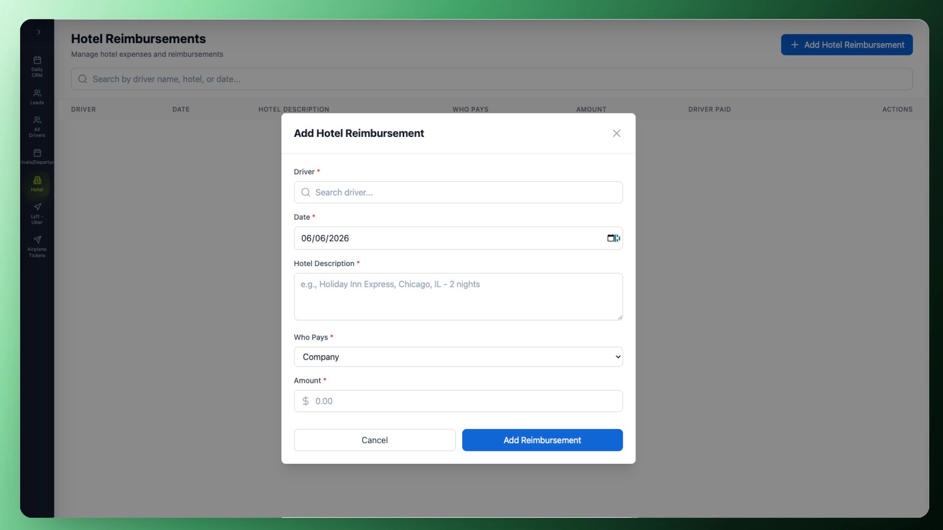 Hotel reimbursements dashboard