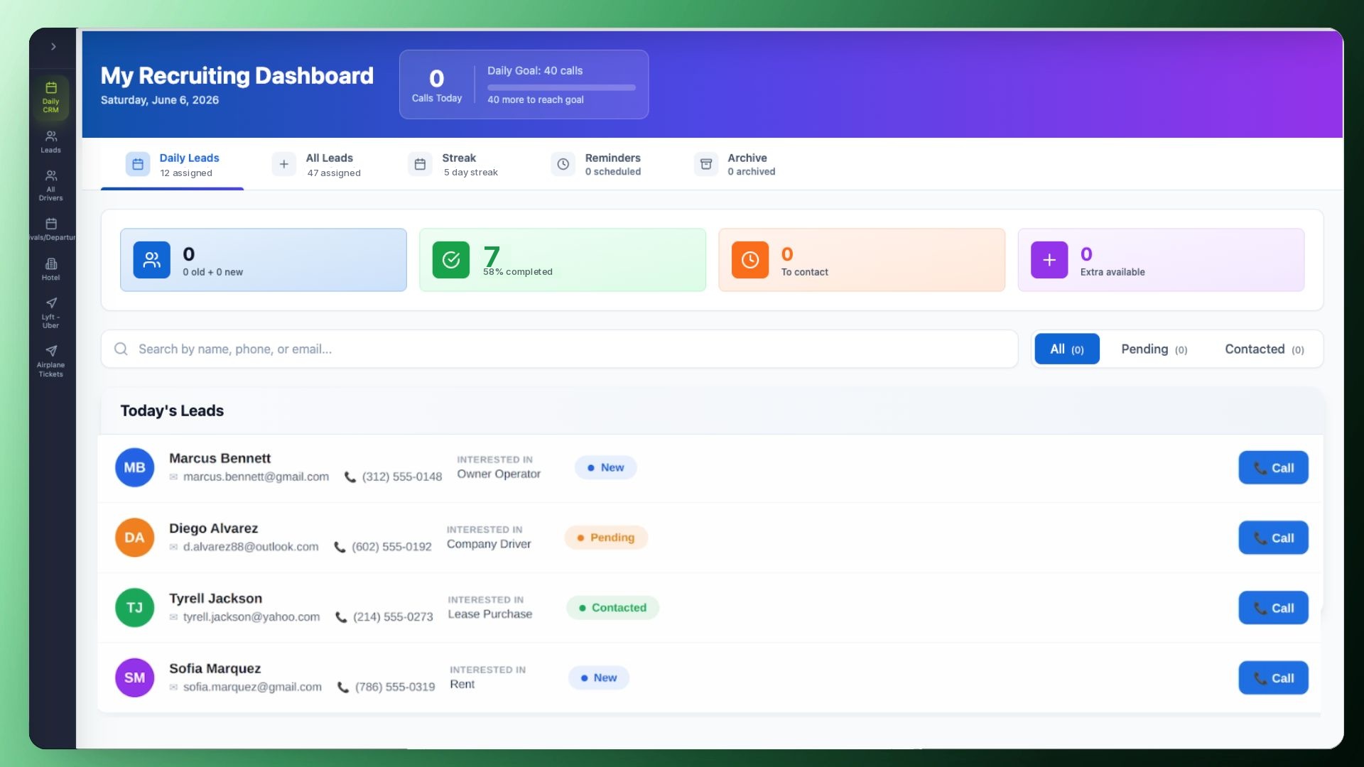 Daily recruiting CRM dashboard